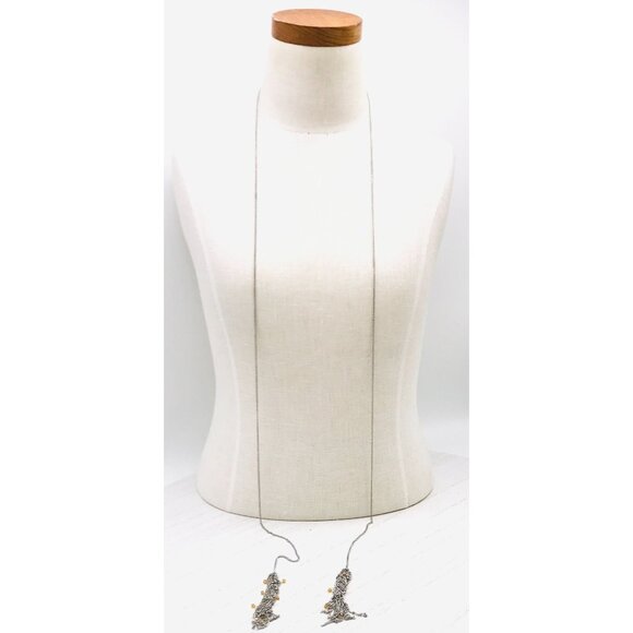 Vintage Style Long Silver Chain Necklace With Orange Bead Accents And Tassel Pen - Picture 6 of 7